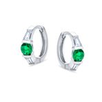 Classic Dainty Green White CZ Hoop Earrings Baguette Solitaire Sterling Silver - Image 2