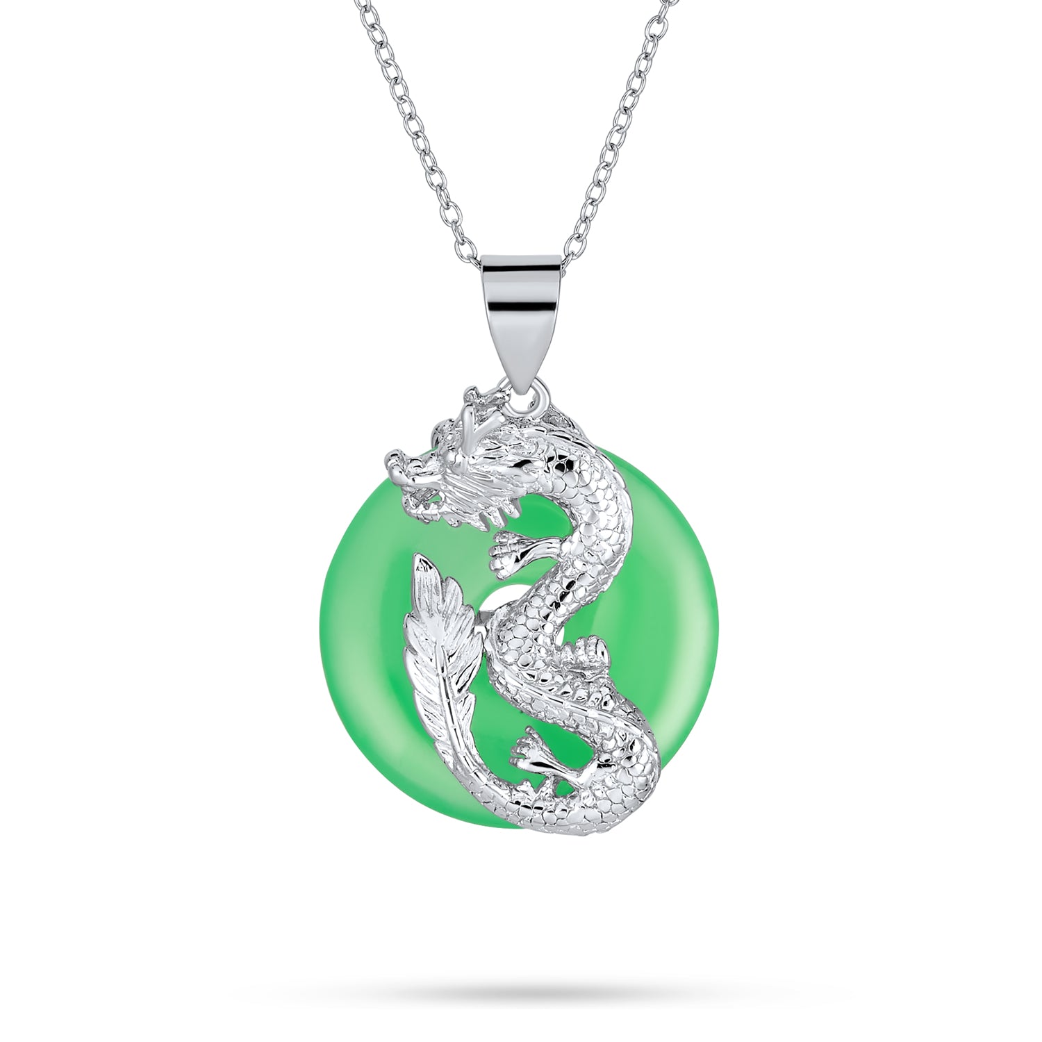 green-dragon-circle-silver-necklace-pendant-pfs-13-5367 Asian Style Green Jade Dragon Pendant Necklace 18 Inch - Image 1