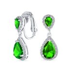 Classic Bridal Cocktail Halo Cubic Zirconia Blue CZ Double Solitaire Teardrop Dangle Clip On Earrings - Image 3