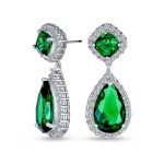 Cocktail CZ Halo 7CT Emerald Green Cubic Zirconia Teardrop Chandelier Earrings