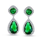 Cocktail CZ Halo 7CT Emerald Green Cubic Zirconia Teardrop Chandelier Earrings - Image 2