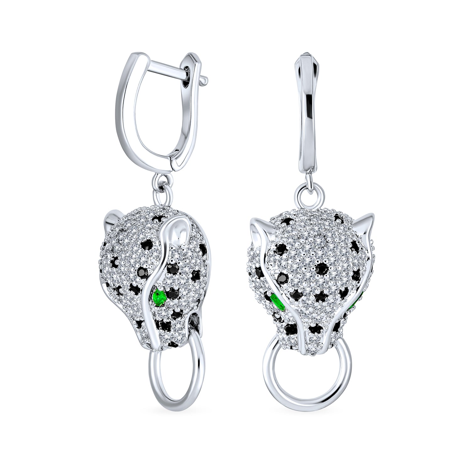 green-eye-silver-earring-leverback-leopard-cz_hcl-ls-20204e_1 Estate Art Deco Panther Dangle Chandelier Earrings with Green Eye CZ Pave Silver - Image 1