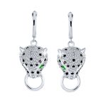 Estate Art Deco Panther Dangle Chandelier Earrings with Green Eye CZ Pave Silver - Image 2