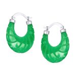 Scallop Green Jade Carved Shell Shrimp CZ Hoop Earrings Sterling Silver 1.2" - Image 2