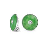 Round Disc Green Jade Clip-On Earrings with CZ Accent in Sterling Silver
