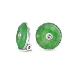 Round Disc Green Jade Clip-On Earrings with CZ Accent in Sterling Silver