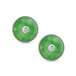 Round Disc Green Jade Clip-On Earrings with CZ Accent in Sterling Silver - Image 2