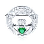 Celtic Round Circle Red Heart Shaped Claddagh Brooch Pin CZ .925 Sterling Silver - Image 2
