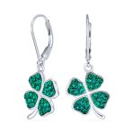 Celtic Irish Good Luck Green Crystal Clover Dangle Earrings in Sterling Silver