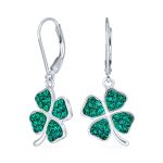 Celtic Irish Good Luck Green Crystal Clover Dangle Earrings in Sterling Silver