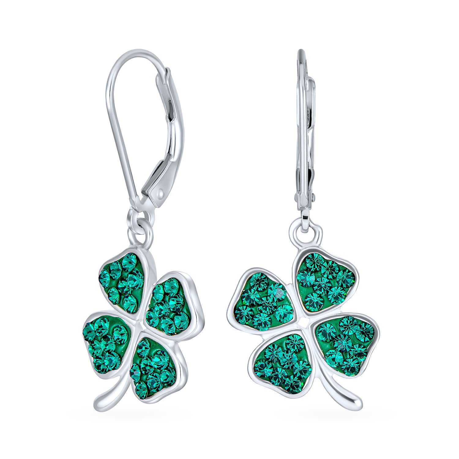 green-shamrock-silver-earrings-pbx-te-1054-s_1 Celtic Irish Good Luck Green Crystal Clover Dangle Earrings in Sterling Silver - Image 1