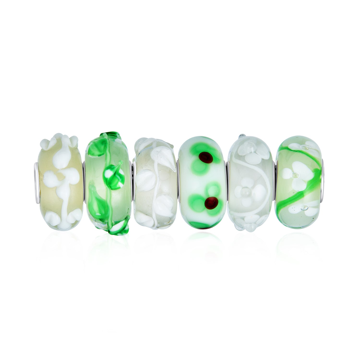 green-white-flower-swirl-bead-set-pbx-hgsc-100r_1 Mixed Set Green & White Glass Charm Bead for European Bracelets with .925 Sterling Silver Core - Image 1