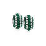 Set of 2 Green White Striped Crystal Bead Charm for Bracelet Silver Core