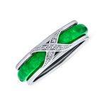 Pave Criss Cross CZ Accent Green Jade Band Ring .925 Sterling Silver
