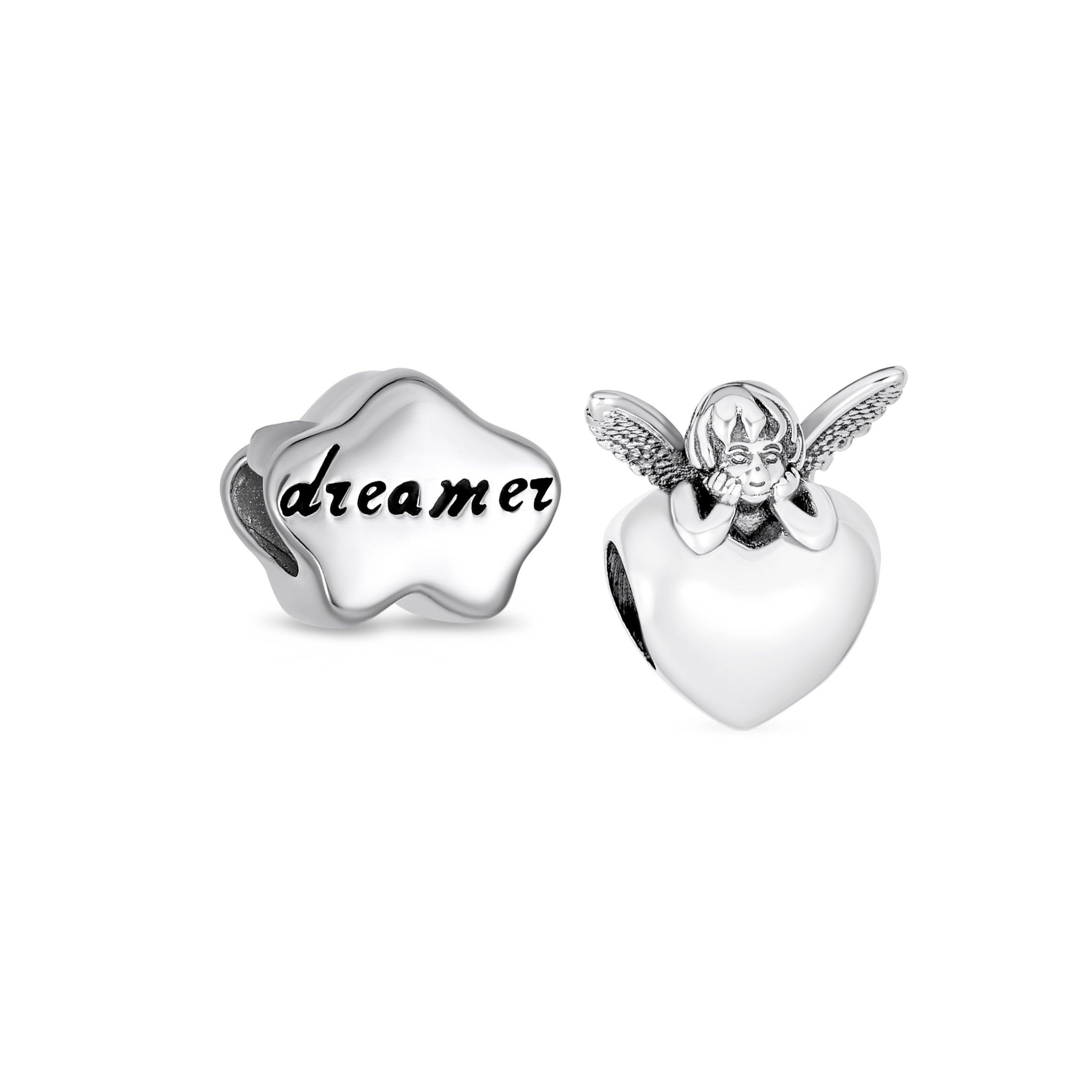 guardian-fairy-angel-charm-pbx-hsz-2214-dset-az Set of 2 Fairy Angel Wings Heart & Cloud Word Dreamer Bead Charm Sterling Silver - Image 1