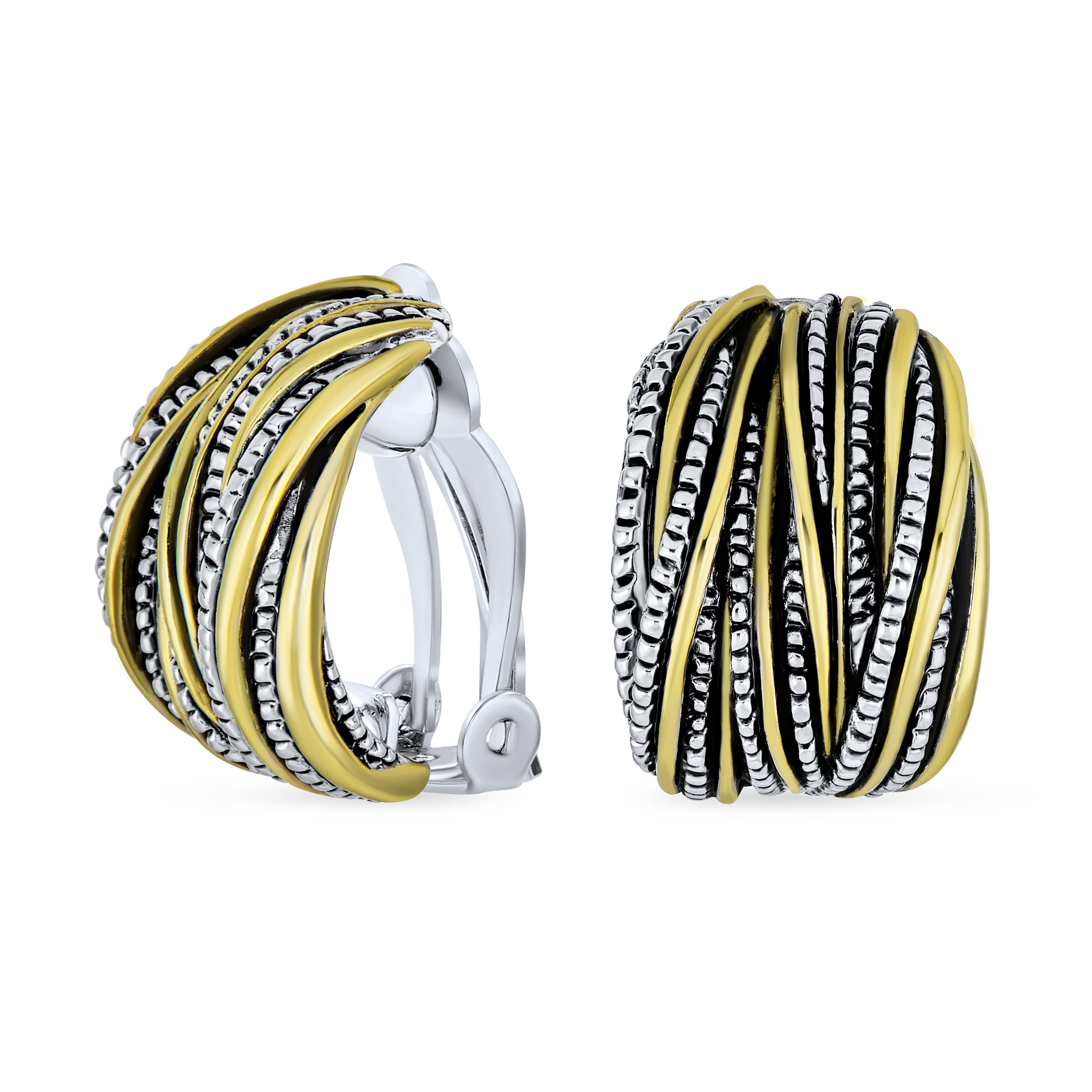 half-hoop-braided-clip-on-earrings-ag-se9204at-01 Half Hoop Clip-On Earrings Two Tone Caviar Bead Silver Gold - Image 1
