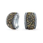 Tri Color Bali Style Scroll Wide Half Hoop Clip On Earrings Non Pierced Ears