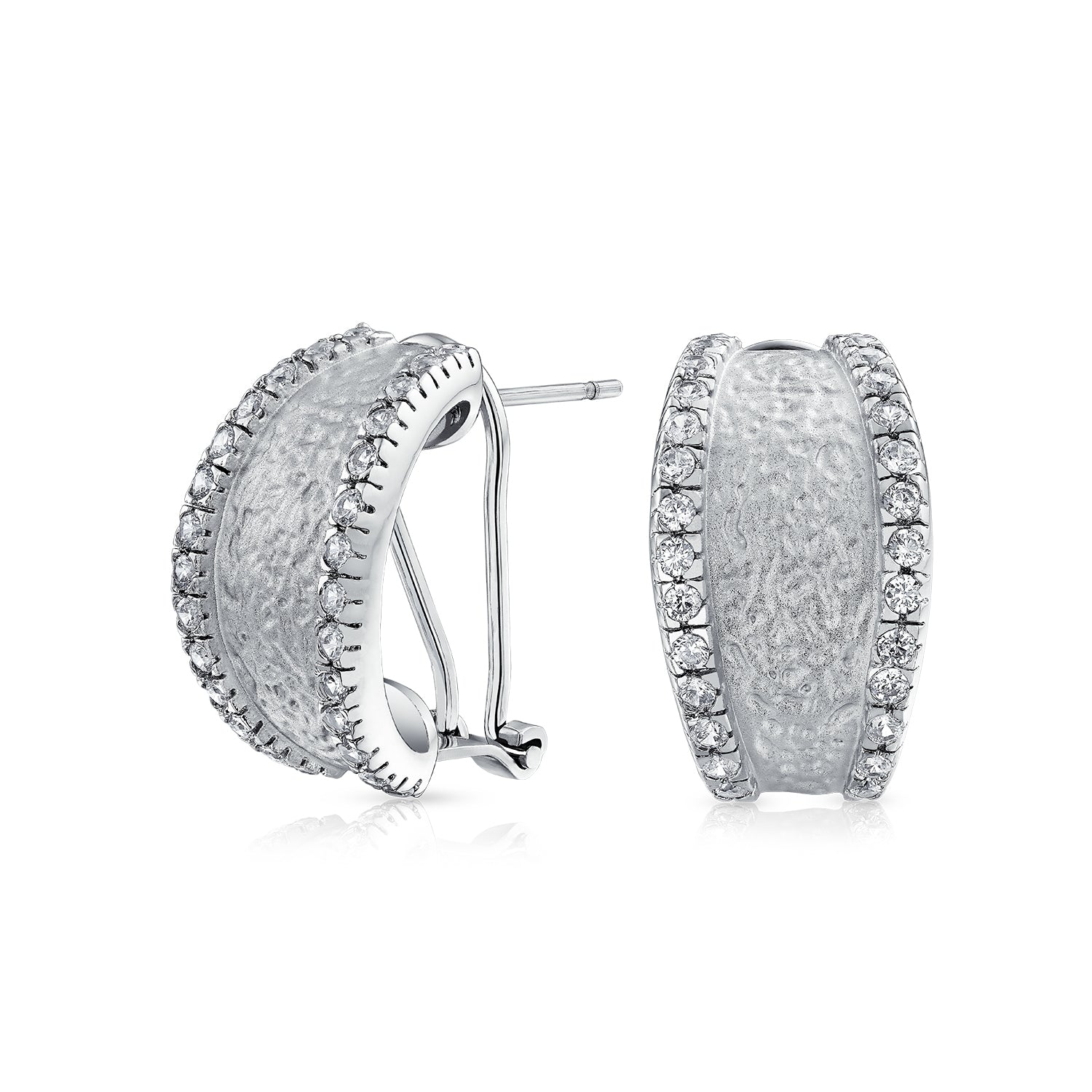 half-hoop-matte-earrings-silver_my-bme-62238-az_1 Matte Hammered Shrimp Half Hoop Earrings Pave Edge CZ Silver Plated - Image 1