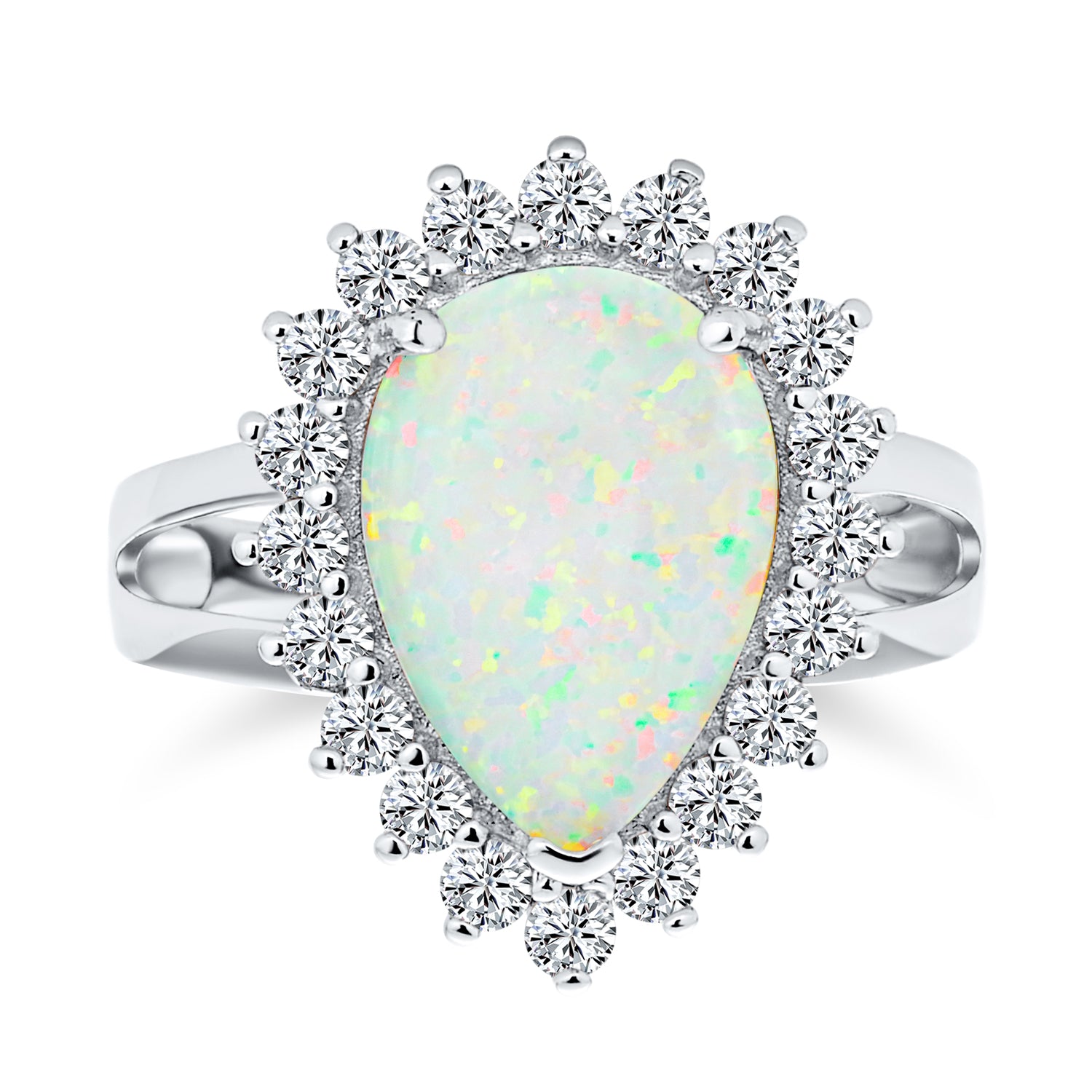 halo-pear-teardrop-statement-10ct-white-opal-engagement-ring-xny-rs2699a2-par Created White Opal 10CT Halo Teardrop Cocktail Statement Ring with Cathedral Setting Sterling Silver - Image 1