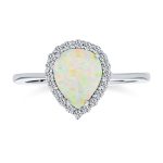 White Created Opal Cocktail Ring 3CTW Halo Pear Teardrop .925 Sterling Silver