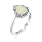White Created Opal Cocktail Ring 3CTW Halo Pear Teardrop .925 Sterling Silver - Image 2