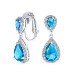 Classic Bridal Cocktail Halo Cubic Zirconia Blue CZ Double Solitaire Teardrop Dangle Clip On Earrings - Image 11