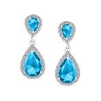 Classic Bridal Cocktail Halo Cubic Zirconia Blue CZ Double Solitaire Teardrop Dangle Clip On Earrings - Image 22