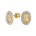 Tiny CZ Halo Religious Oval Medallion Style 14K Gold Virgin Mary Stud Earrings