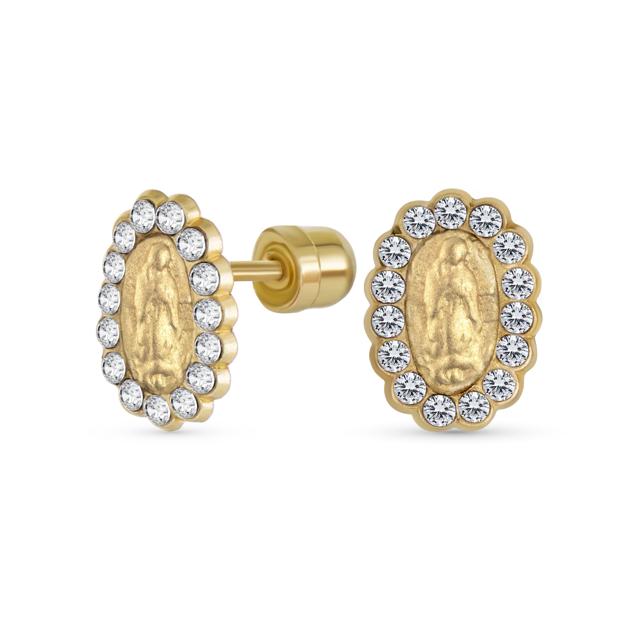 halo_religious_stud_earrings_bro-14k374-1 Tiny CZ Halo Religious Oval Medallion Style 14K Gold Virgin Mary Stud Earrings - Image 1