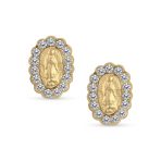 Tiny CZ Halo Religious Oval Medallion Style 14K Gold Virgin Mary Stud Earrings - Image 2