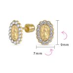 Tiny CZ Halo Religious Oval Medallion Style 14K Gold Virgin Mary Stud Earrings - Image 4