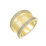 Modern Fashion CZ Accent Statement Wide Matte Finish Hammered Band Ring