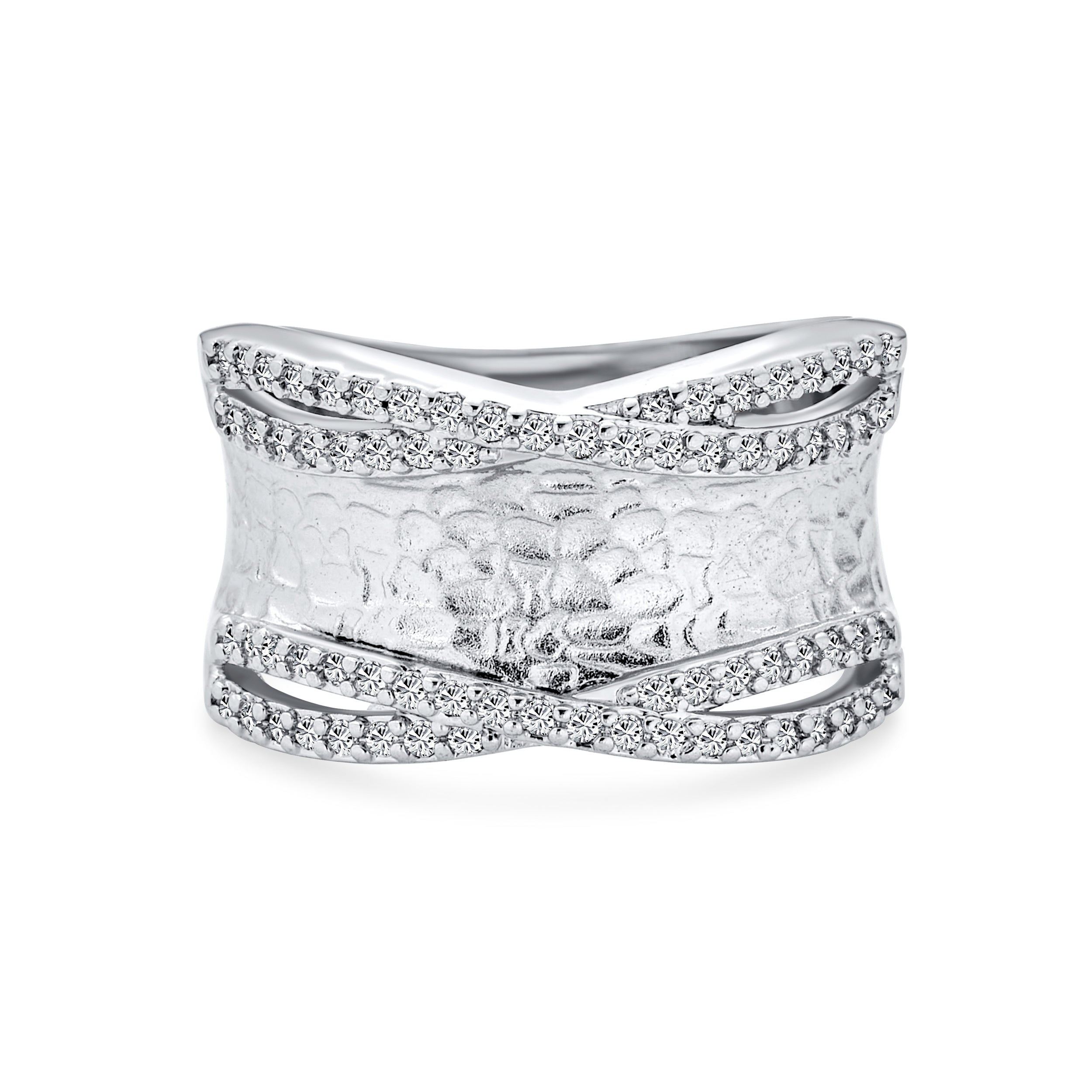 hammered-matte_20-finish-wide-band_my-br85348wh-1 Modern Criss Cross CZ Accent Cocktail Statement Band Ring Brushed Matte Finish - Image 1