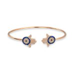 Hand Of God Hamsa Evil Eye Bangle Cuff Bracelet Cubic Zirconia CZ Rose Gold .925 Sterling Silver