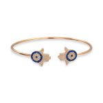 Hand Of God Hamsa Evil Eye Bangle Cuff Bracelet Cubic Zirconia CZ Rose Gold .925 Sterling Silver