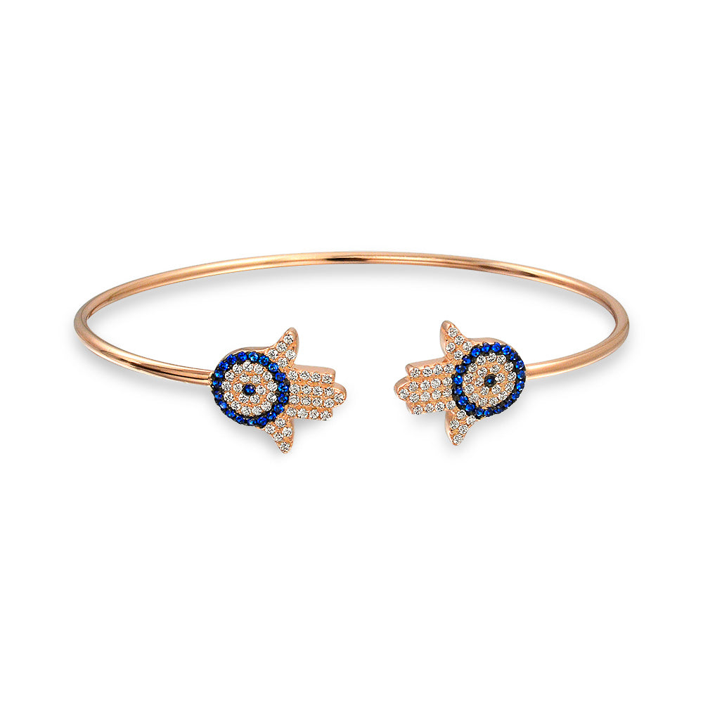 hamsa-evil-eye-cuff-bracelet_sls-b150703 Hand Of God Hamsa Evil Eye Bangle Cuff Bracelet Cubic Zirconia CZ Rose Gold .925 Sterling Silver - Image 1