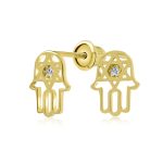 Tiny Petite Judaic Jewelry CZ Stud Earrings 14K Gold Hamsa Star Of David