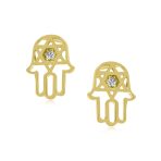 Tiny Petite Judaic Jewelry CZ Stud Earrings 14K Gold Hamsa Star Of David - Image 2