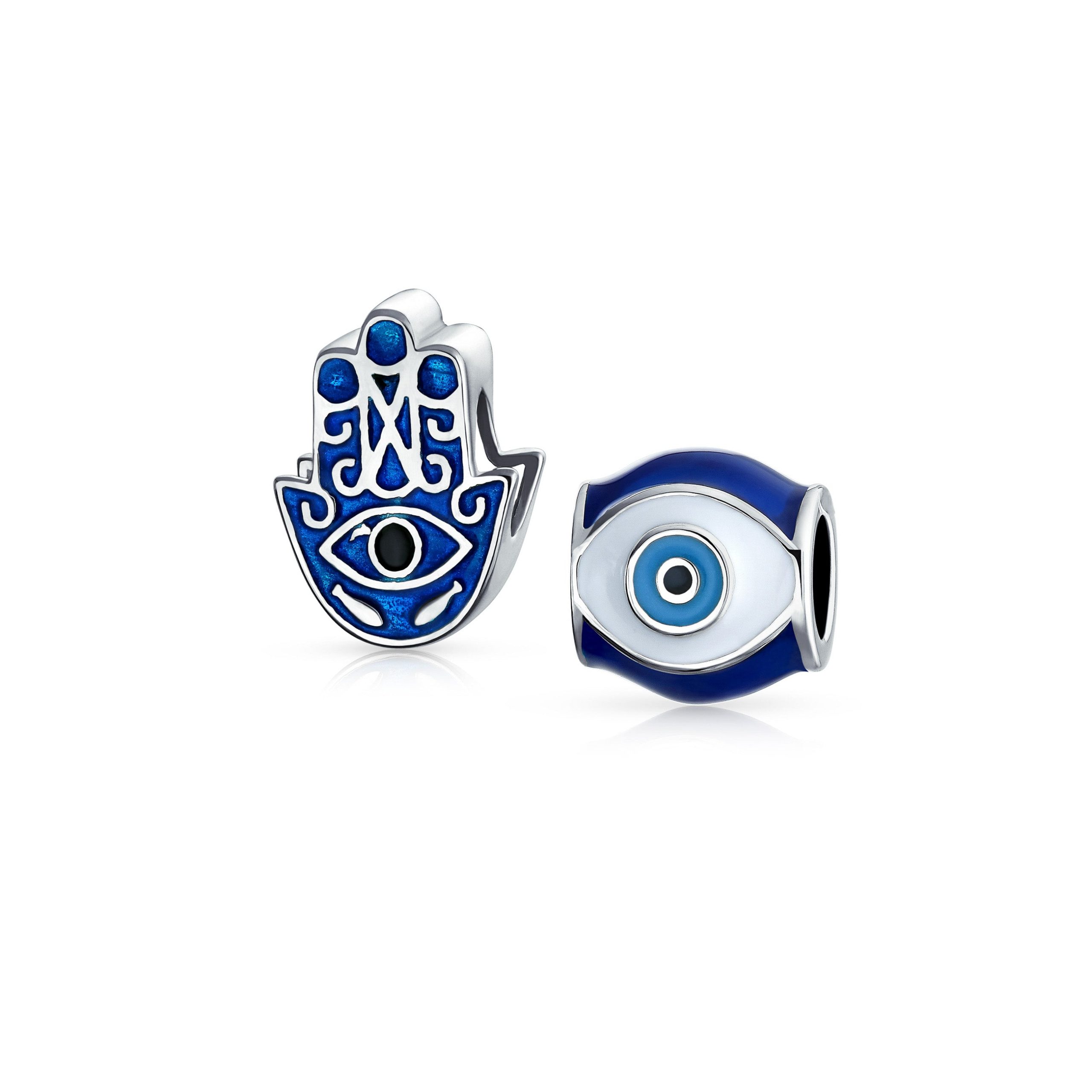 hamsa-hand-evil-eye-charm-pbx-he-352-set-az Set of 2 Blue Hamsa Hand Evil Eye Good Luck Charm Barrel Bead in Sterling Silver - Image 1