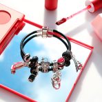 Hot Wife Partners in Crime Heart Charm Bracelet Black Leather Sterling Silver 6.5-8" - Image 5