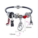 Hot Wife Partners in Crime Heart Charm Bracelet Black Leather Sterling Silver 6.5-8" - Image 3