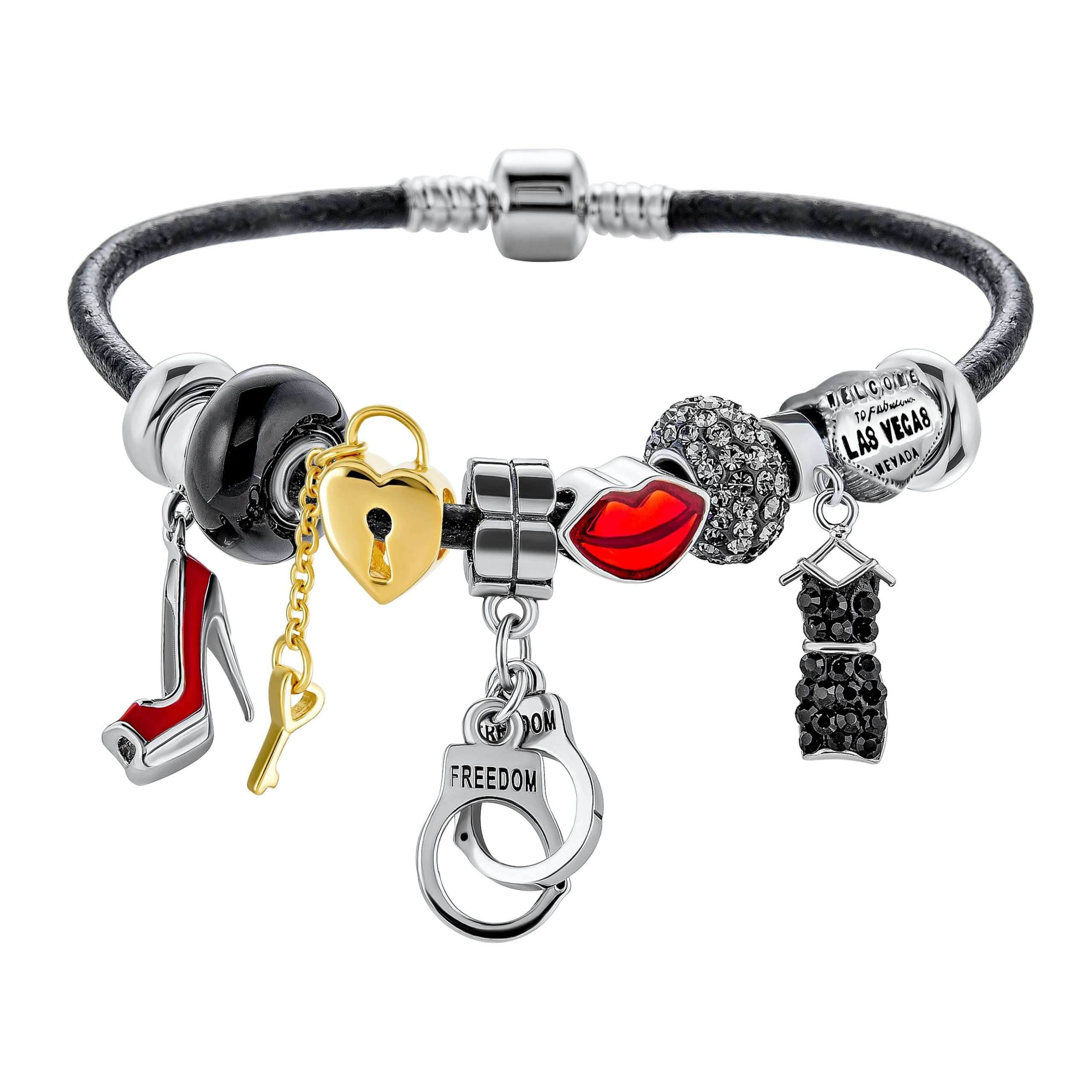 handcuff-crime-partners-black-hot-sexy_pbx-br-handcuff_11 Hot Wife Partners in Crime Heart Charm Bracelet Black Leather Sterling Silver 6.5-8" - Image 1