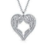 Pave Cubic Zirconia CZ Heart Kissing Angel Wing Pendant Necklace Sterling Silver