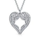 Pave Cubic Zirconia CZ Heart Kissing Angel Wing Pendant Necklace Sterling Silver