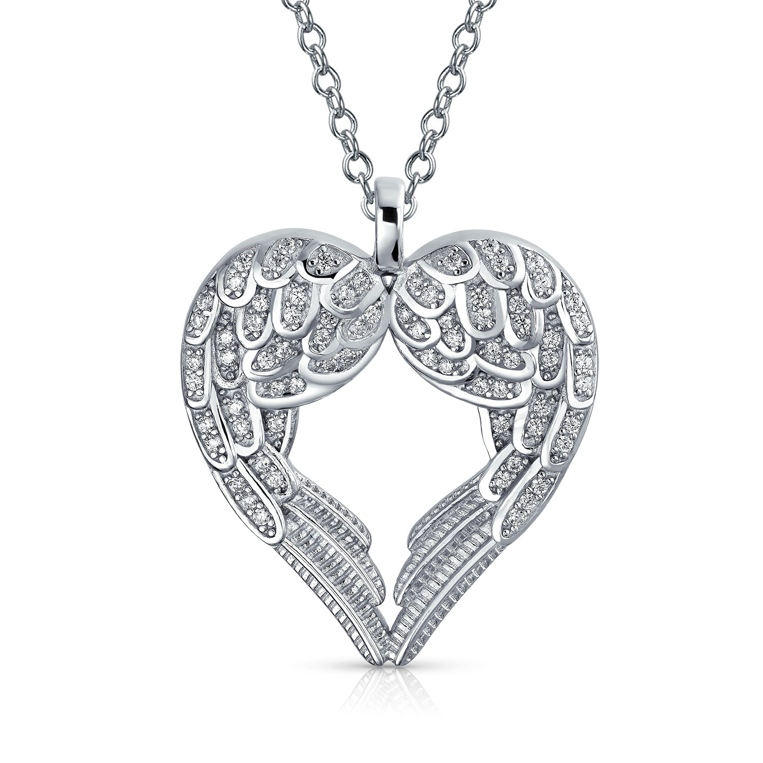 heart-angel-wings-pendant-silver_yly-b-3839-az_1 Pave Cubic Zirconia CZ Heart Kissing Angel Wing Pendant Necklace Sterling Silver - Image 1