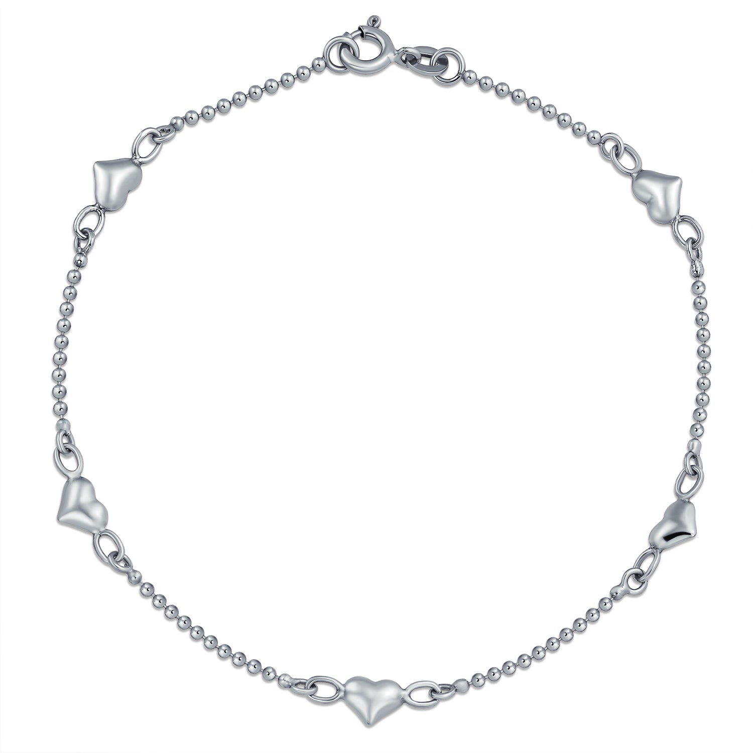 heart-charm-anklet-beaded-ball_appl-jta-290605-az_1 Romantic Delicate Puff Hearts Charm Anklet Ankle Bracelet Sterling Silver Beaded Chain 9 Inch - Image 1