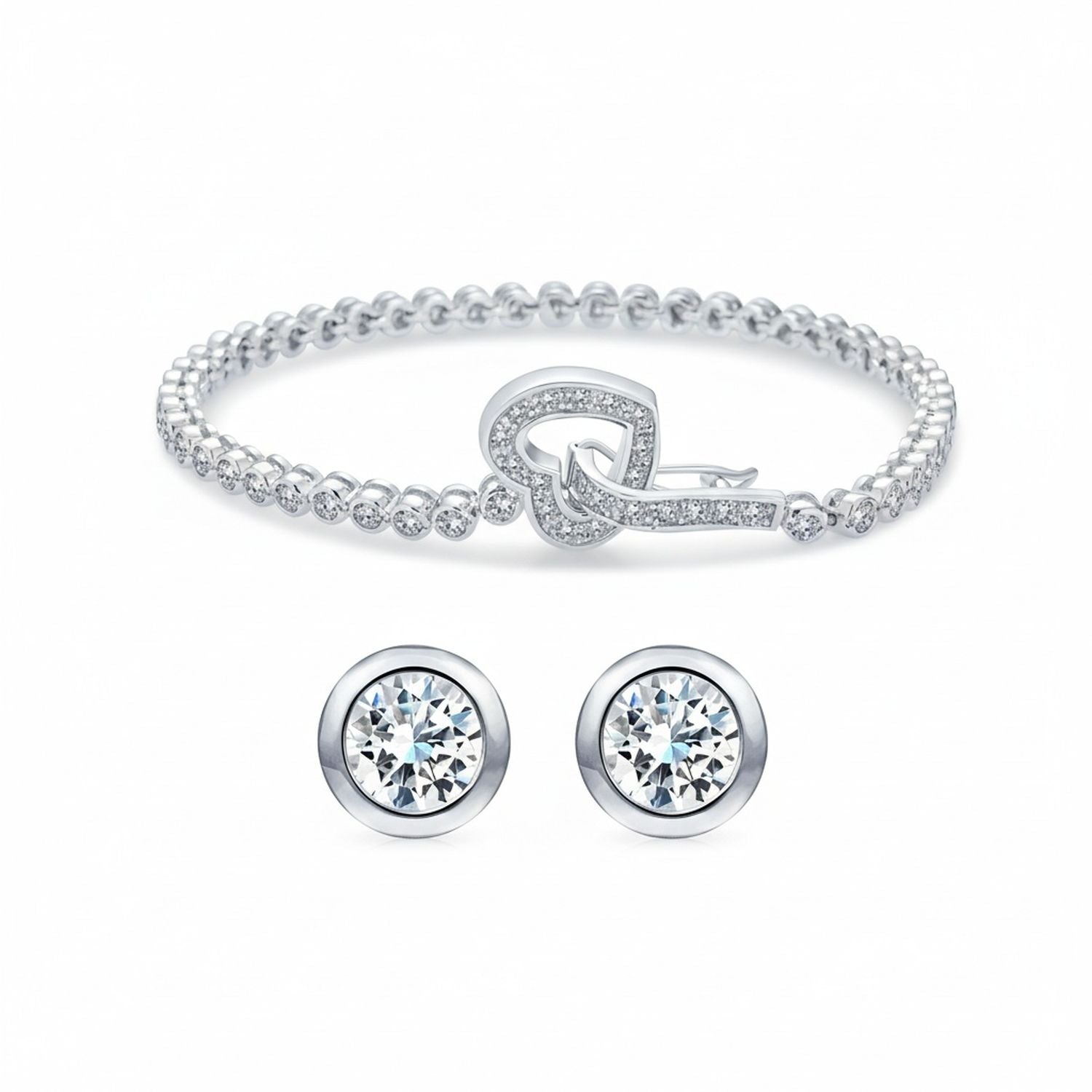heart-cz-silver-bracelet-clasp-classic-stud-pk-50792892-set-az Bezel Set CZ Open Heart Tennis Bracelet & Stud Earrings Set Sterling Silver - Image 1