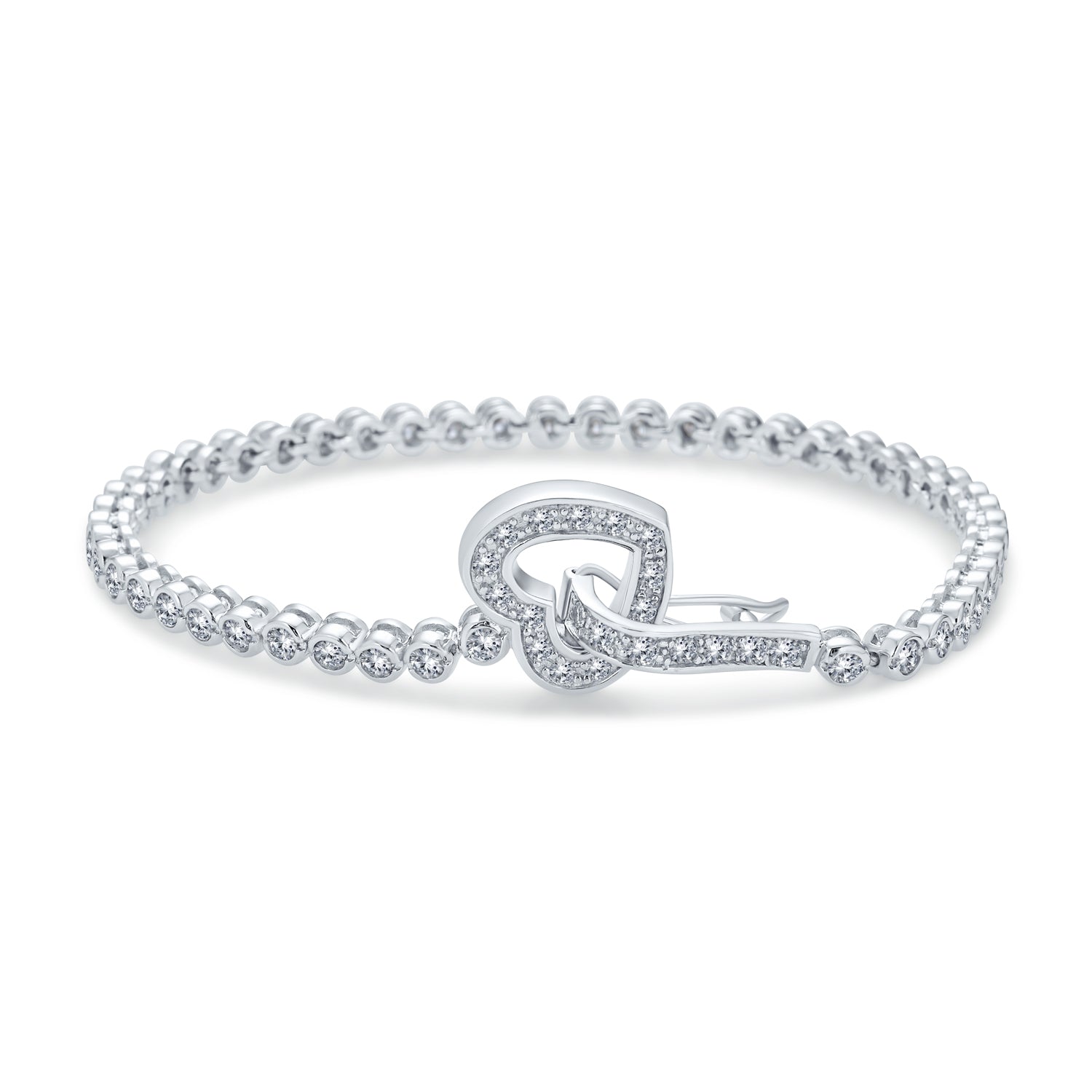 heart-cz-silver-bracelet-clasp-pk-newitem50792892 Sweetheart Bezel Set CZ Cubic Zirconia Tennis Bracelet Heart Shaped Clasp Sterling Silver 7.5 Inch - Image 1