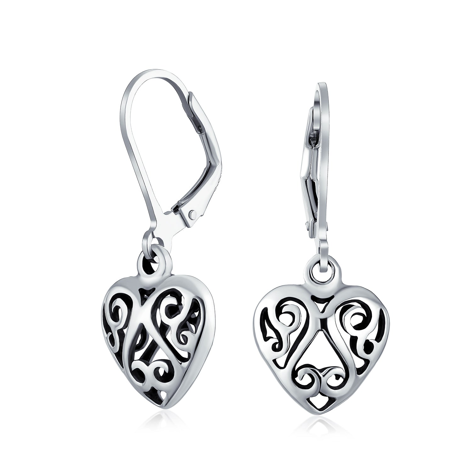 heart-dangle-earrings-silver-filigree_pmr-e10405-az_1 Open Filigree Heart Dangle Earrings Rose Gold Plated Sterling Silver Leverback - Image 1