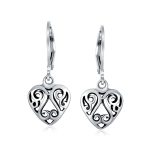 Open Filigree Heart Dangle Earrings Rose Gold Plated Sterling Silver Leverback - Image 3